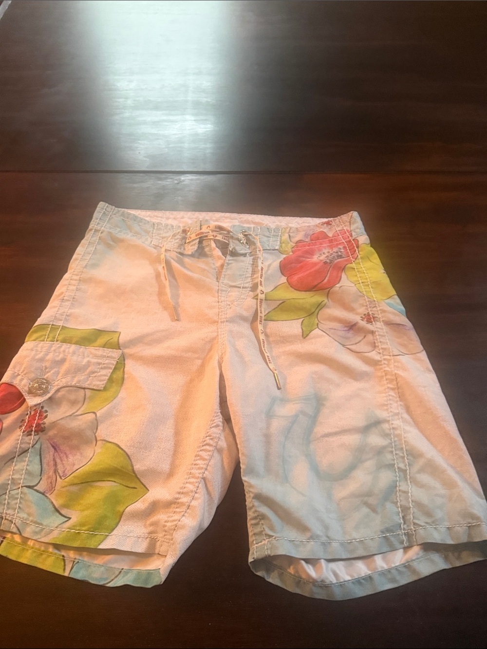True Religion White Floral Drawstring Bermuda Shorts